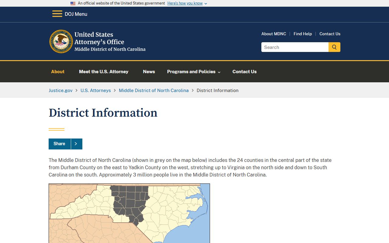 U.S. Attorney Middle District information including Yadkin County