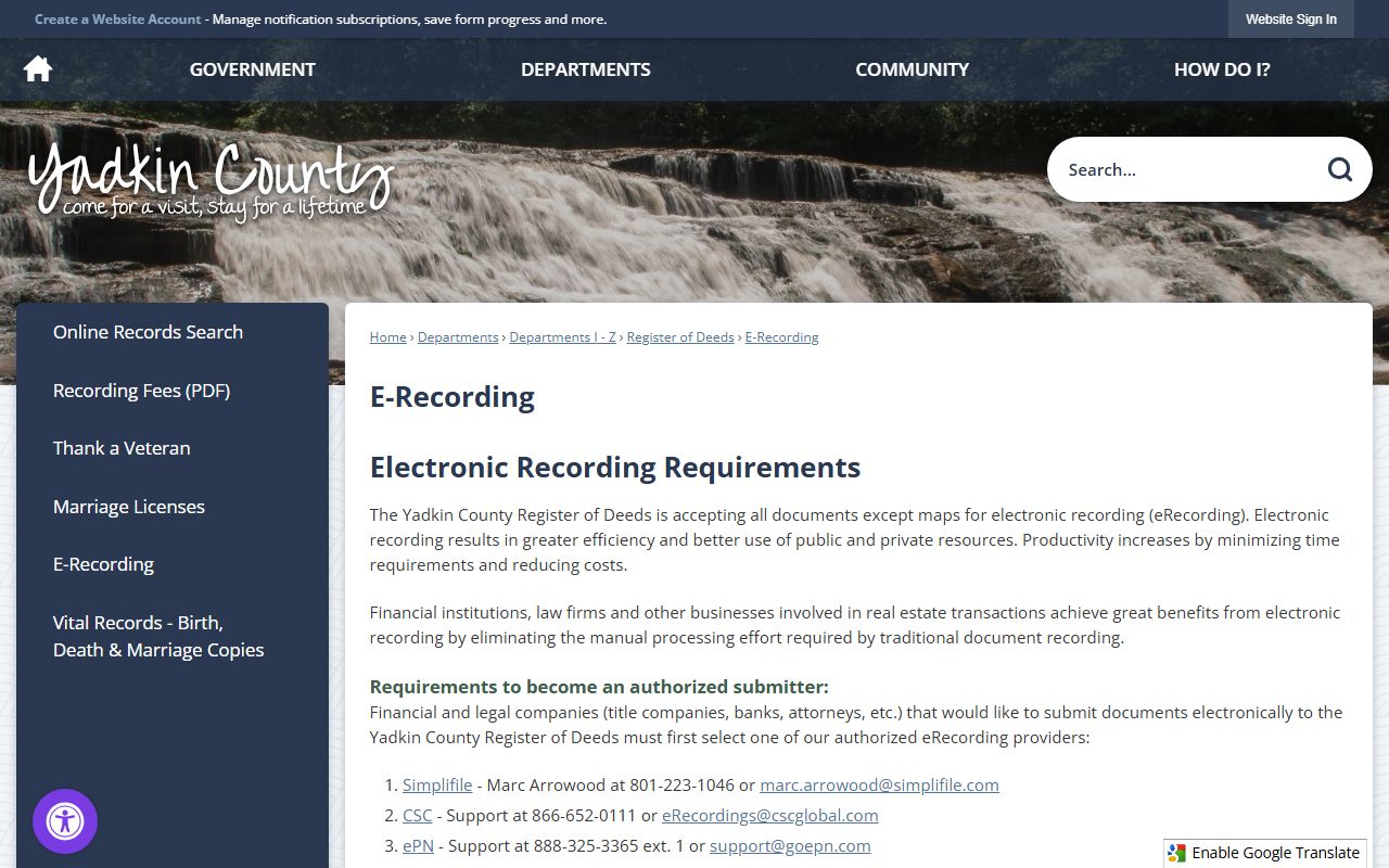Yadkin County Register of Deeds eRecording information