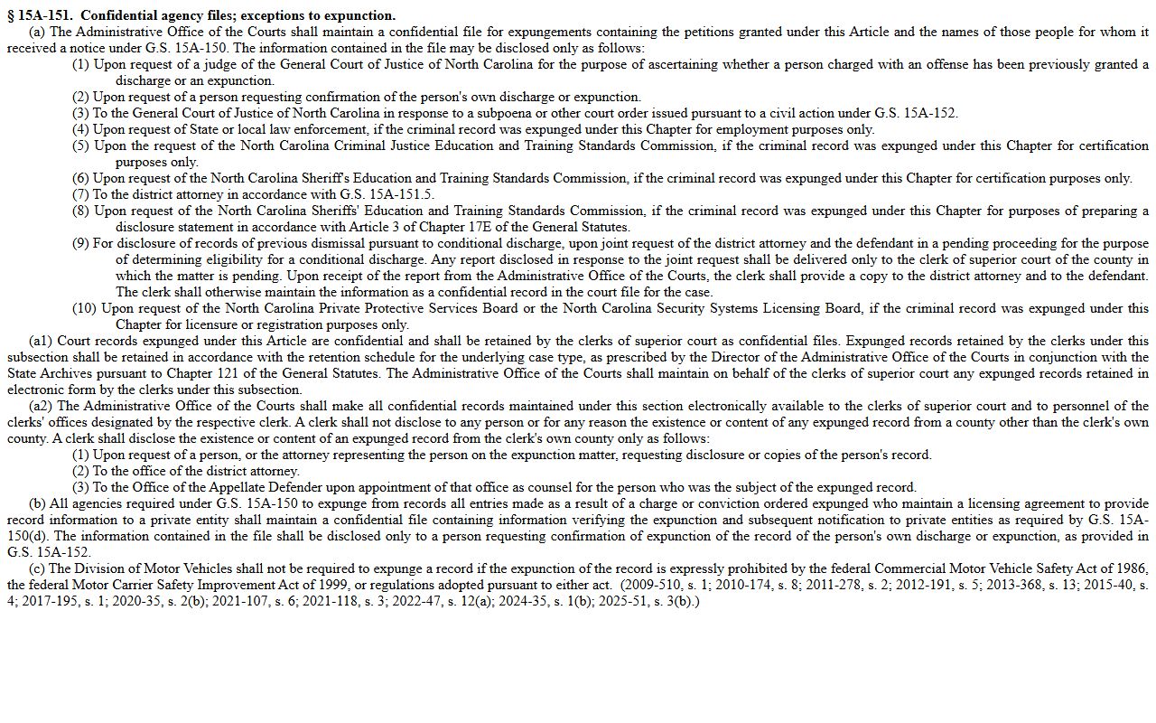 Yadkin County criminal court records expunction confidentiality statute