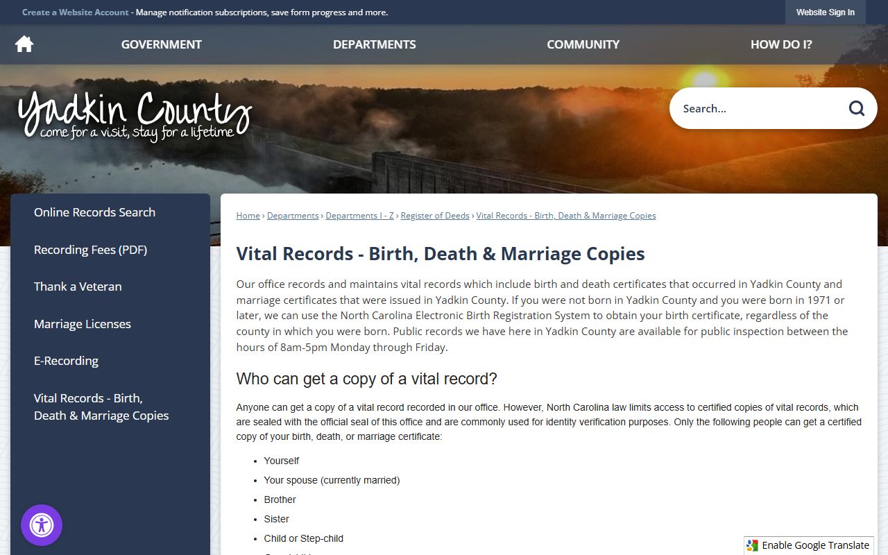 Yadkin County vital records certified copy request page
