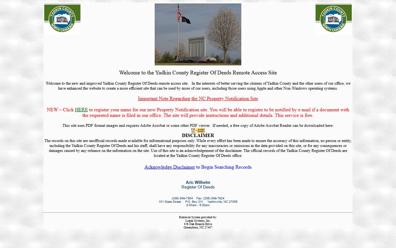 Yadkin Register of Deeds remote access search disclaimer page