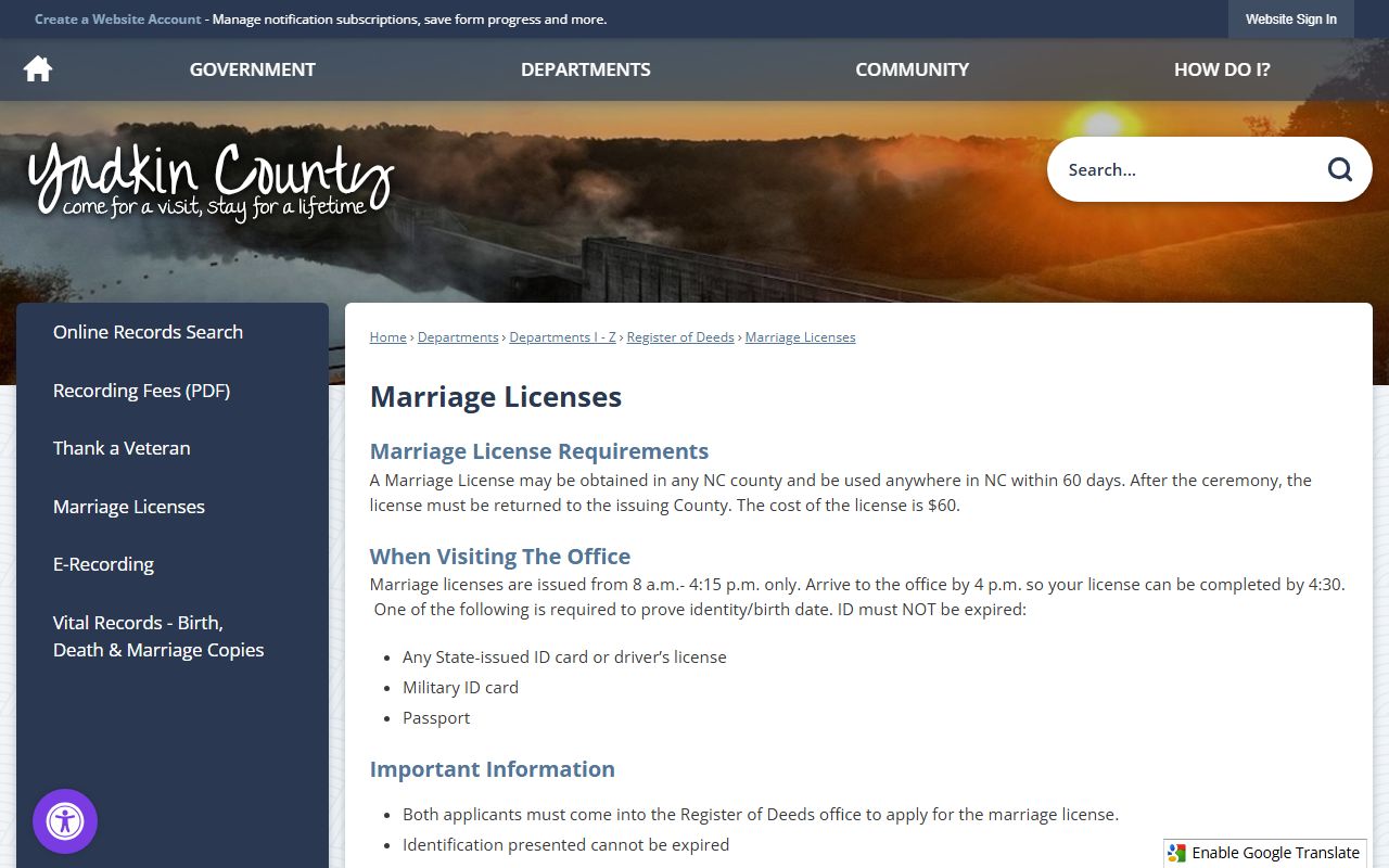 Yadkin County marriage license requirements page