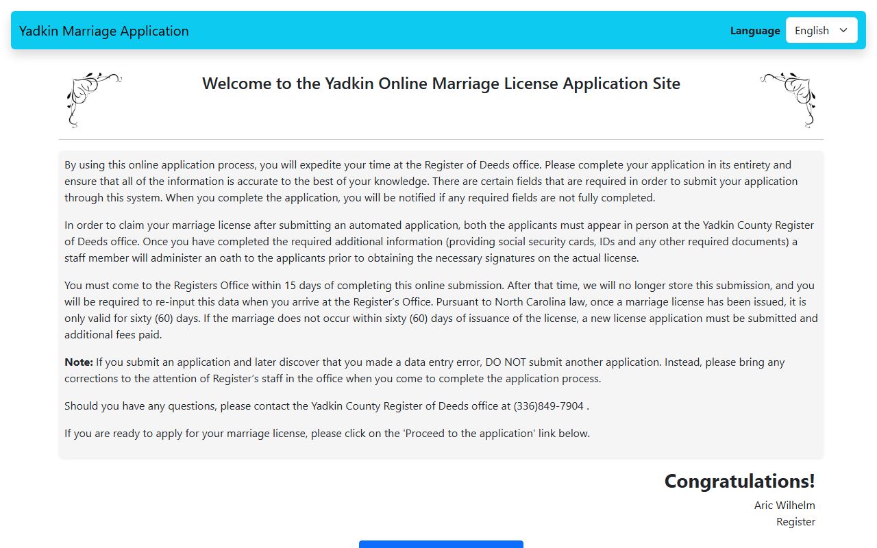 Yadkin online marriage application pre-application page
