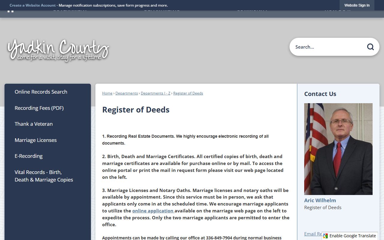 Yadkin County Register of Deeds page for marriage and vital record services