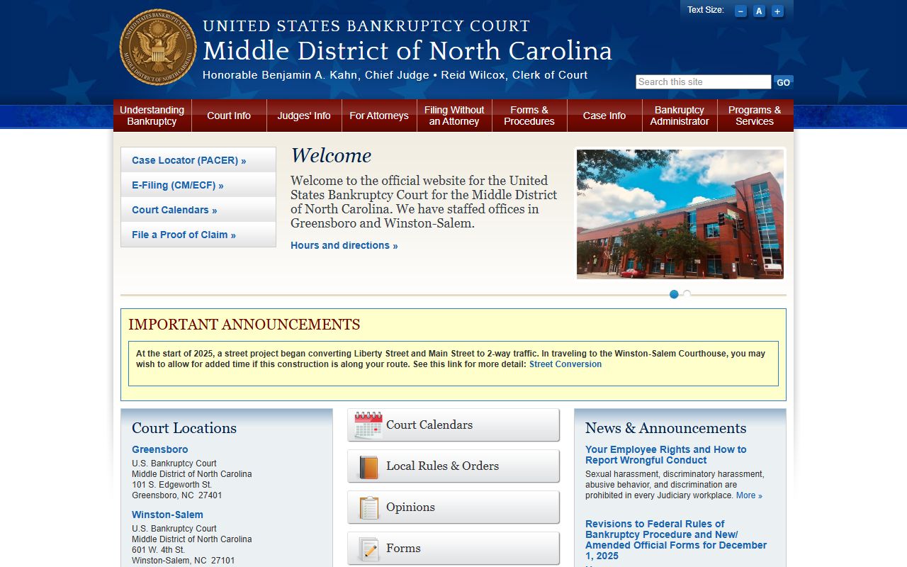 Middle District of North Carolina bankruptcy court homepage
