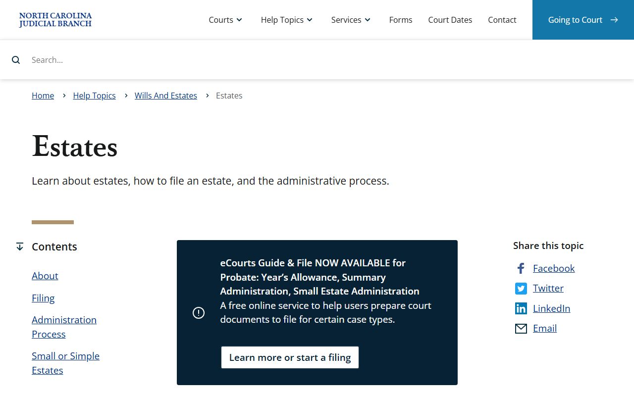 North Carolina Judicial Branch estates guidance for probate and wills