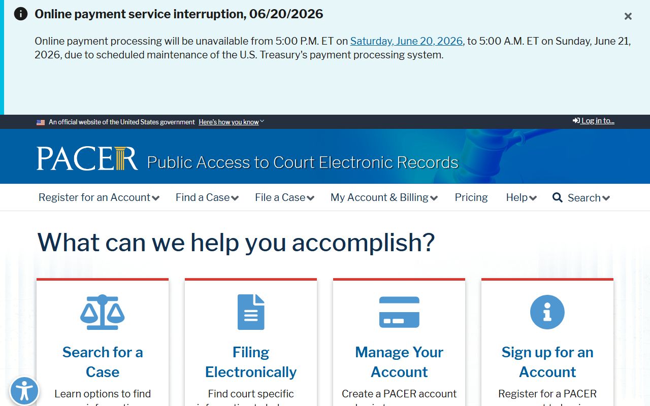 PACER federal court records access homepage
