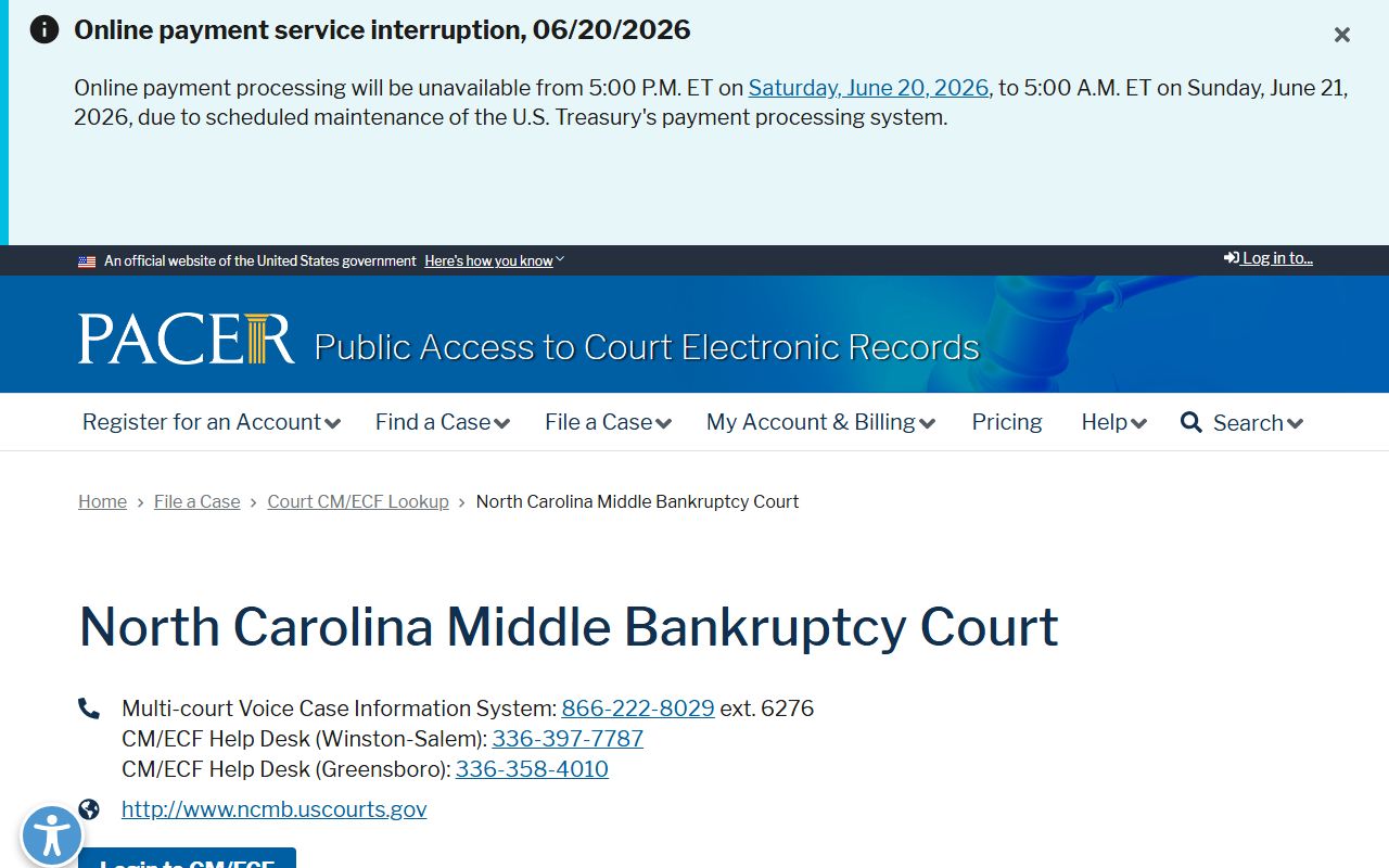 PACER CM/ECF lookup for Middle District of North Carolina Bankruptcy Court