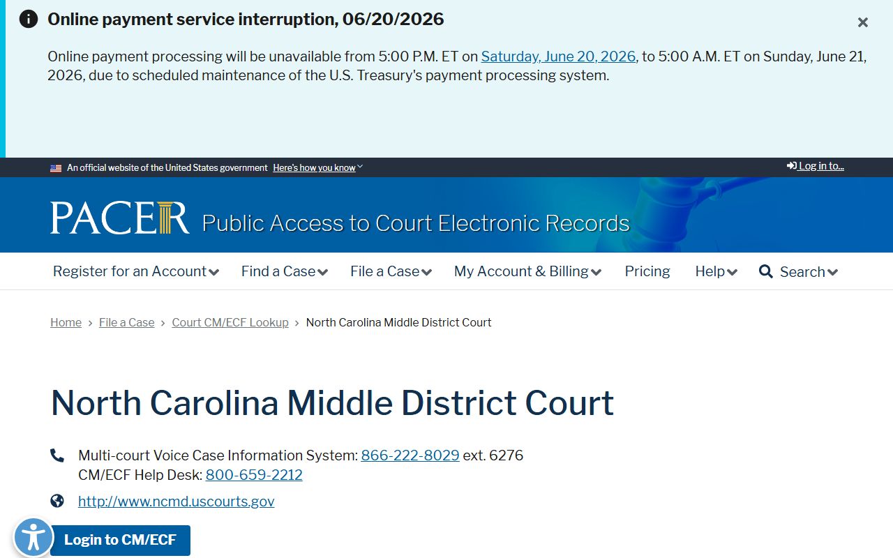PACER CM/ECF lookup for Middle District of North Carolina District Court