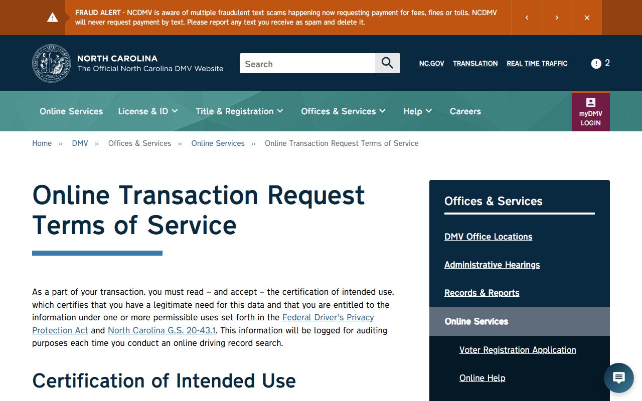 Yadkin County traffic court records NCDMV terms of service